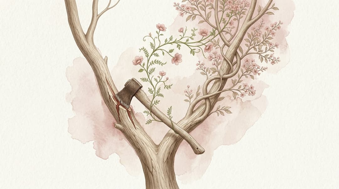 Un arbol floreciendo luego de que ha sido talado, el hacha sigue aún clavada
